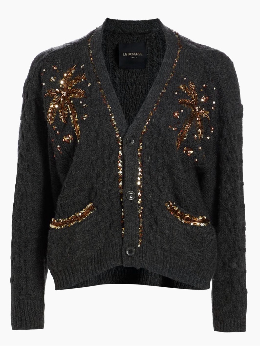 Le Superbe Paradise Crystal Cable Knit Cardigan Charcoal |‎ Size Small